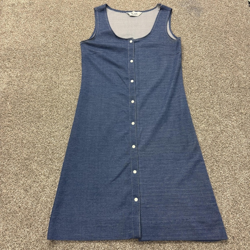 Vintage Blair Dress Womens 12 Blue Denim Sleeveless Button Front Scoop Neck Midi
